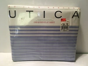 Utica Blue Chevron Stripe Queen Flat Sheet Vtg NOS - Picture 1 of 3