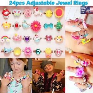 24pcs Adjustable Little Girls Jewel Rings Box Cute Toy Rings for Kids B'day Gift - Picture 1 of 14