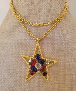 Long Trifari Patriotic Red Blue Star Golden Pendant Necklace 30" Summer July 4th - Picture 1 of 11