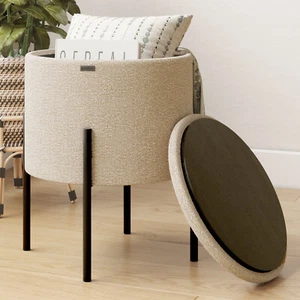Round Boucle Ottoman w/ Storage, Foot Stool Seat for Makeup Vanity & Living Room - Picture 1 of 23
