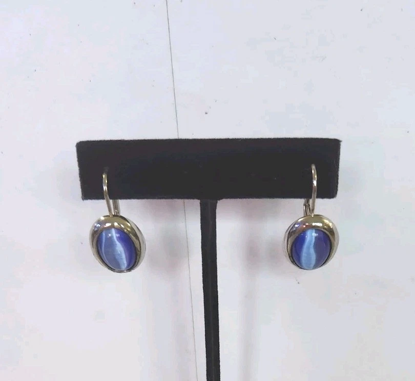 Pendientes Cabachon Redondos Ojo de Gato Azul Piedra Plateada 1.5" Foto 1 de 3