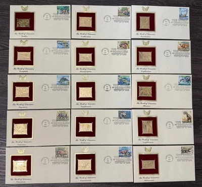 Lote de 15: Estampilla de oro de 22kt del mundo de los dinosaurios primera edición 1 de mayo de 1997 Foto 1 de 4
