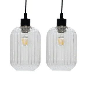 Set of 2 Modern Ribbed Glass Easy Fit Pendant Shades Ceiling Lightshades - Picture 1 of 5