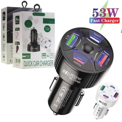 53W 20W PD 2 USB + 2 Type C Multi 4 Ports Charging Car Charger Adapter For Nokia - image 1 of 4