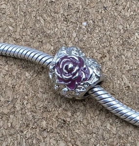Authentic Purple Rose Flower And Silver Heart Spacer European Charm Bead - Picture 1 of 2