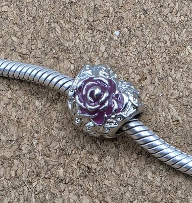 Authentic Purple Rose Flower And Silver Heart Spacer European Charm Bead - Image 1 of 2