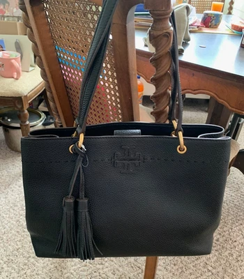 TORY BURCH BLACK PEBBLE GRAIN LEATHER SHOULDER TOTE BAG - Image 1 of 4