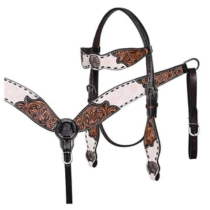 BE BAR H EQUINE Western Juego de cabecera y cuello de pecho de caballo de cuero hecho a mano - Imagen 1 de 8