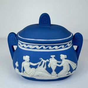 Blue Japan Jasperware-Style Covered Sugar Trinket Jar Classical Figures 4.5” - Picture 1 of 12