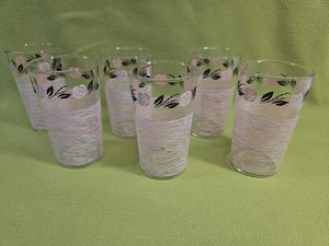 vtg 1950’s Anchor Hocking MCM 5"Tumblers Pink Roses Black Flora/leaves-set of 6 - Picture 1 of 8