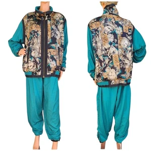 Bob Mackie Wearable Art 1980s Graphic Print Green Nylon Tracksuit Pants Set 1X - Picture 1 of 20