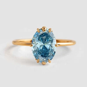 Gold Ring 2.15 Ct IGI Lab Grown Oval Cut Diamond Fancy Intense Blue 14K Yellow - Picture 1 of 9