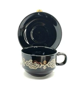 California Pantry Large Breakfast Cappuccino Coffee Cup & Saucer Black w/Gold - Picture 1 of 7