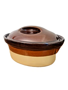Vintage Oval Stoneware Glazed Crock Casserole Dish w Lid - Picture 1 of 8