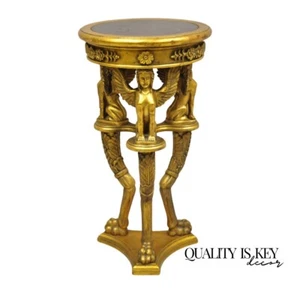 Egyptian Revival Gold Giltwood Round Marble Top Figural Pedestal Plant Stand - Picture 1 of 12