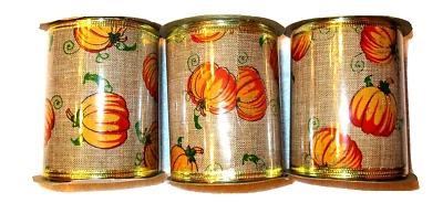 Crafter's Square Wire-Edged Fall Ribbon Pumpkins  on faux Burlap 3" X 6' NEW - Image 1 of 2