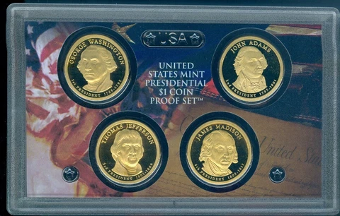 2007 US Mint Presidential $1.00 Coin Proof set/4, Washington, Jefferson, Adams + Cover