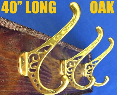 ✅ VINTAGE 40" CARVED OAK WOOD BRASS HOOK COAT WALL RACK ANTIQUE AMERICAN ENGLISH - Image 1 of 4