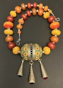 Moroccan berber Tagmoute egg enameled with African Copal Handmade Boho Necklace. - Picture 1 of 16