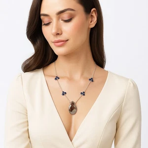 Natural Coffee Bean Jasper & Lapis 925 Sterling Silver Necklace Jewelry N-1004 - Picture 1 of 6