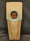 Native American Baby Papoose Board Figurine 13? Wall Hanging Blue Tan Ceramic