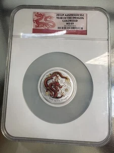 Australia 2012-P .999 2 OZ Silver $2 NGC MS69 Year of the Dragon Colorized Coin - Picture 1 of 4