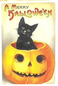 Vintage Halloween Postkarte Retro strukturiert NEU NACHDRUCK antike schwarze Katze - Bild 1 von 2
