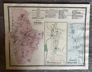 Upton Hopedale MA 1870 original (2) colored maps Shows Homeowners  - Picture 1 of 2