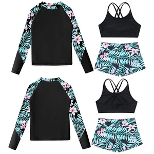 Girls Kids Set Swimwear Floral Printed Long Sleeve Swimming Costume Mock AU - Picture 1 of 13