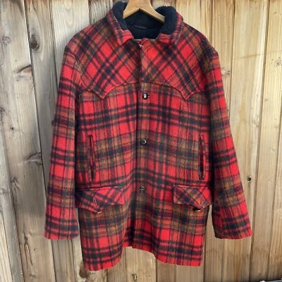 Vintage PIONEER WEAR Wool Jacket Red Christmas Plaid Barn Chore Coat Western USA - Image 1 of 4