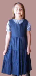 Girl long full jumper dress navy blue jean denim tiered pick 4 5 6 7 8 10 12 14 - Picture 1 of 3