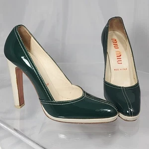 Vintage Y2K 2002 Prada Miu Miu 35 Green/Cream Patent Leather Pumps/Heels - Picture 1 of 16