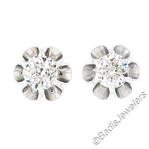 NEW 14K White Gold 0.85ctw European Diamond Buttercup Prong Flower Stud Earrings - Picture 1 of 5
