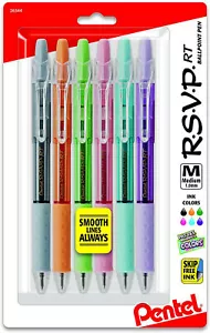 NEW Pentel 6-Pk RSVP RT Pastel Barrel Retractable Ballpoint Pens 1.0mm BK93FBP6M - Picture 1 of 3