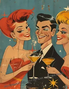 Out On The Town Martini Cocktailbar Retro Mitte des Jahrhunderts moderne Kunst Druck 8,5 x 11 - Bild 1 von 2