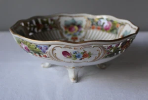 Antique Carl Thieme Dresden Footed Porcelain Reticulated Bowl 7 1/2” - Picture 1 of 11