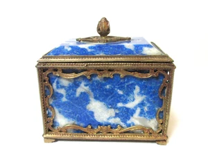 Antique Trinket Box Sodalite Art Glass - Picture 1 of 6