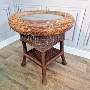 Retro Vintage Rattan Wicker Coffee Side Table - Round Glass Top - Boho - Shelf - Picture 1 of 24