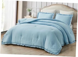 Nora Chambray Blue Comforter Set Oversized Queen Size 3-Piece Fluffy Soft  - Picture 1 of 8