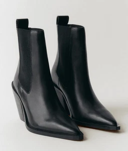 NEU MANGO MNG $ 150 SCHWARZ LEDER SPITZ ZULAUFEND STIEFELETTEN GRÖSSE 39 US 8,5 - Bild 1 von 6