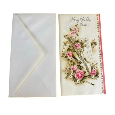 Tarjeta Get Well vintage violín rosas rosa brillo tarjeta y sobre papel pergamino Foto 1 de 4