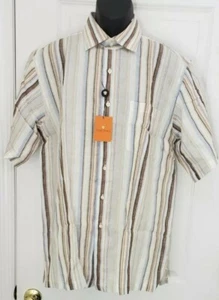 Toscano Mens Grain Collared Short Sleeves Striped Button Front Shirt Size Large - Picture 1 of 9