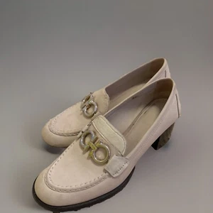 ferragamo shoes women 7.5 ivory loafer chunky heal buckle - Picture 1 of 9