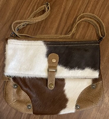 Myra Black & White Brown Flap Hairon Crossbody Bag Purse Boho Leather - Image 1 of 4