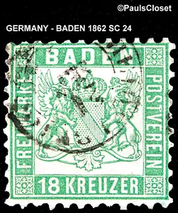 BADEN 1862 SC 24 ESCUDO DE ARMAS VERDE 18kr FNE/MUY FINO - Imagen 1 de 2