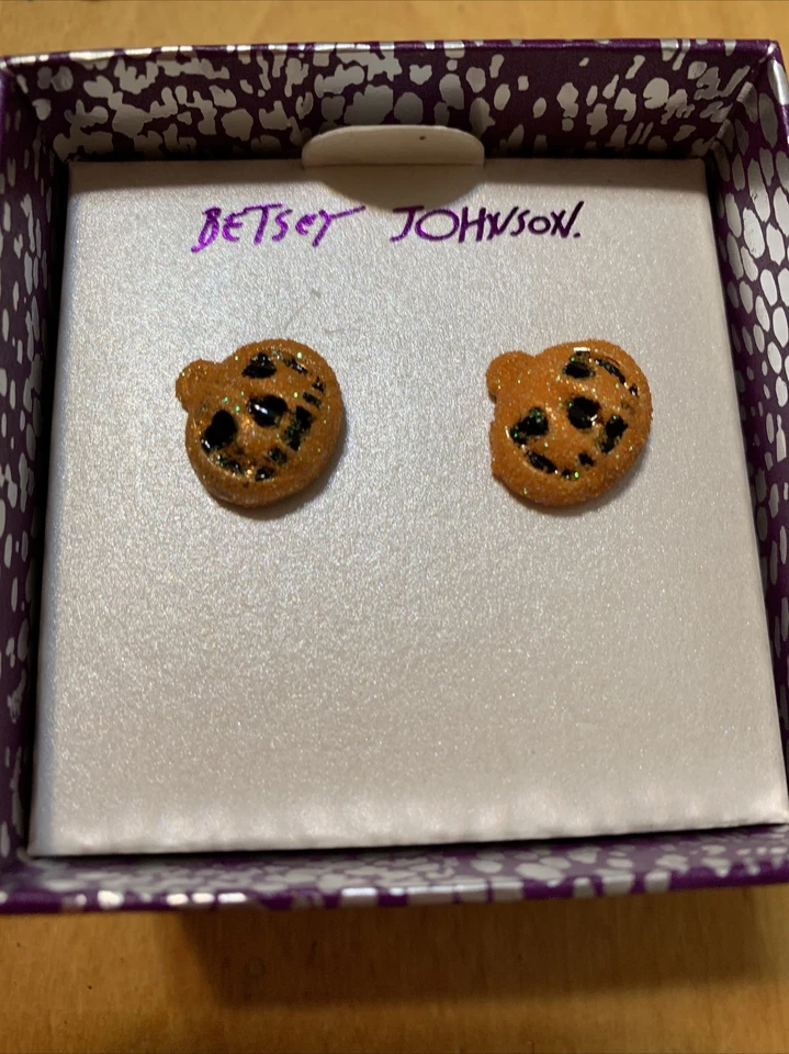 Betsey Johnson Orange & Black Jack O Lantern Stud Earrings W/glitter S10