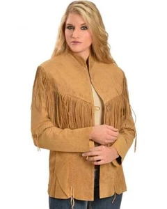 Damen Beige Wildleder Mantel Kuh Dame Fransen Alt Westlich Tragen - Bild 1 von 2