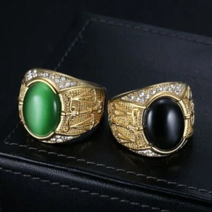 Oval Cat's Eye Stone Statement Ring Iced Out  Gold Plated  for Men Libra - Picture 1 of 8