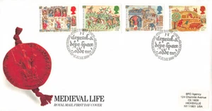 Sellos: portada de primer día, GRAN BRETAÑA, REINO UNIDO, vida medieval, 1986 4 estampillas - Imagen 1 de 2