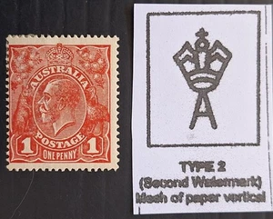 1918 Australia 1d Carmine red KGV stamp 2nd WMK Rough paper Mint Cat $40.00. - Bild 1 von 3